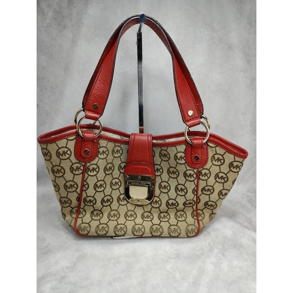 Michael Kors Handbags - MICHAEL KORS Charlton Signature Medium Tote Bag MK Jacquard Tan Khaki Red Gold